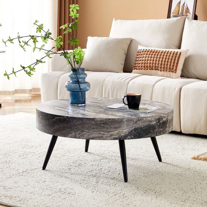 Table basse ronde 70x70x355 cm avec pieds en métal noir plateau en MDF effet marbre gris