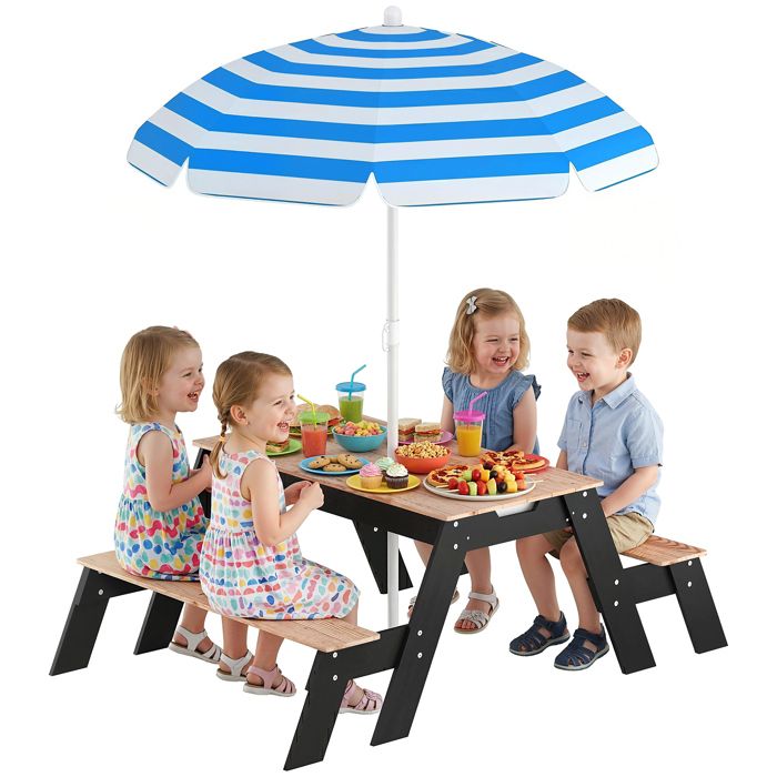 Table de pique-nique enfants - AIYAPLAY - avec parasol - 2 boîtes de rangement - bois - 3 à 6 ans - 113 x 95 x 160 cm - naturel