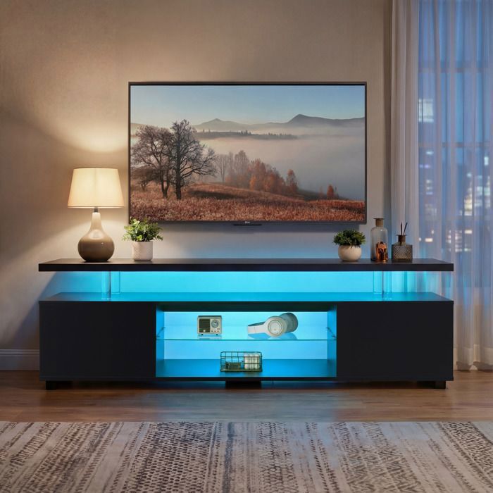Meuble TV avec éclairage LED 130 × 40 × 48 cm avec étagères ouvertes meuble TV moderne adapté à un téléviseur de 60 pouces
