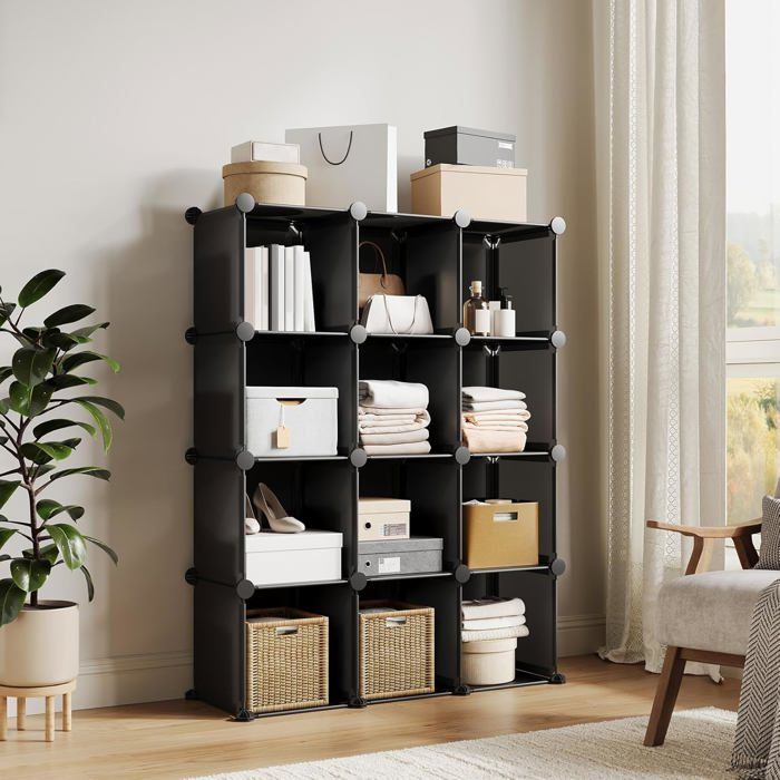 AFF MEUBLE ETAGERE 12 Casiers Meuble de rangement modulaire-Bibliothèque DIY Empilable en PVC-Étagère de rangement modulable noir