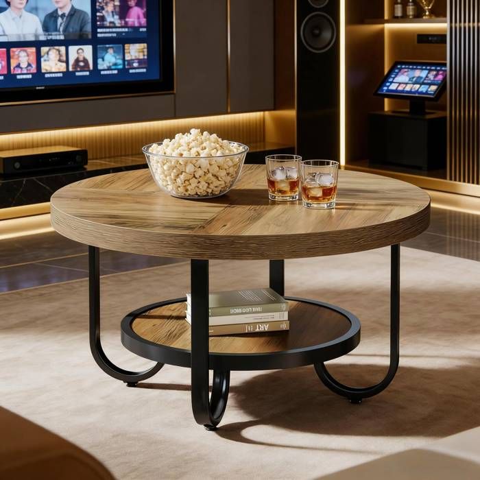Table basse ronde 2 niveaux avec étagère de rangement MDF finition bois noir/marron pieds métal style industriel