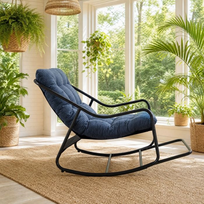 MEUBLIV Fauteuil à bascule 1 place bleu marine et noir coussin épais acier thermolaqué intérieur extérieur