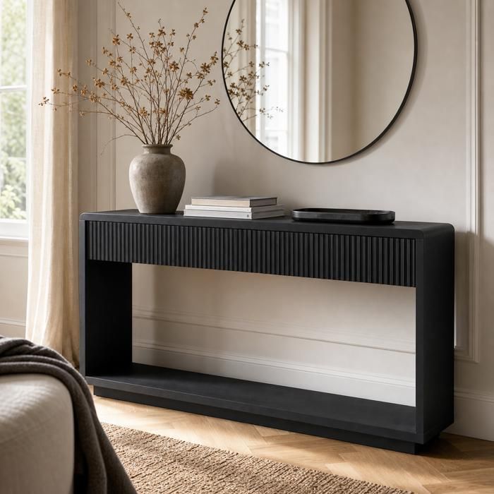 Table basse console moderne 150 cm avec tiroirs et étagère pour entrée et salon couleur noir