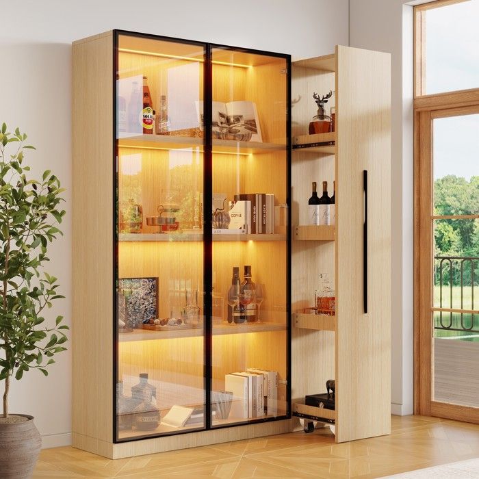 Vitrine 110 5×35×160 avec porte vitrée LED tiroir latéral coulissant meuble à roulettes armoire haute meuble multifonctionnel chêne