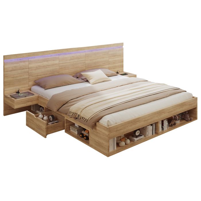 Lit double 180 x 200 cm avec rangement MDF couleur naturelle LED intégrée 2 tables de chevet tiroirs avec sommier