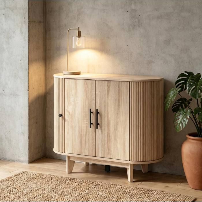 Buffet bas ovale 4 portes avec étagère réglable meuble de rangement en MDF aspect chêne naturel 90 x 40 x 76 cm