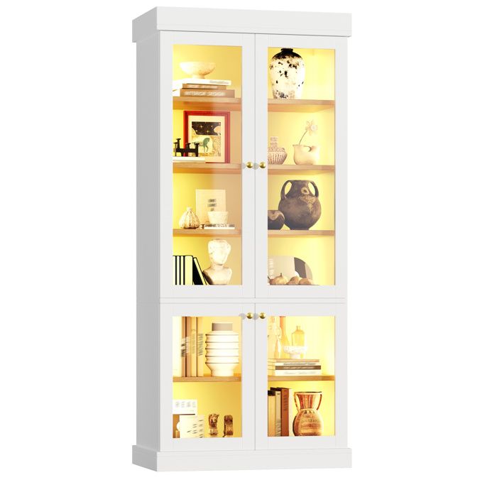 ELVORIN Vitrine buffet haut 80 x 40 x 180 cm blanc 4 portes vitrees LED integree tablettes aspect bois anti-basculement