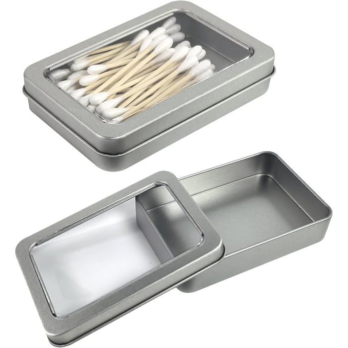 Boite Coton Tige Voyage 2 pc portable. Petit porte-coton tige vide en métal couvercle transparent. Pour ranger cure-dents fil bo