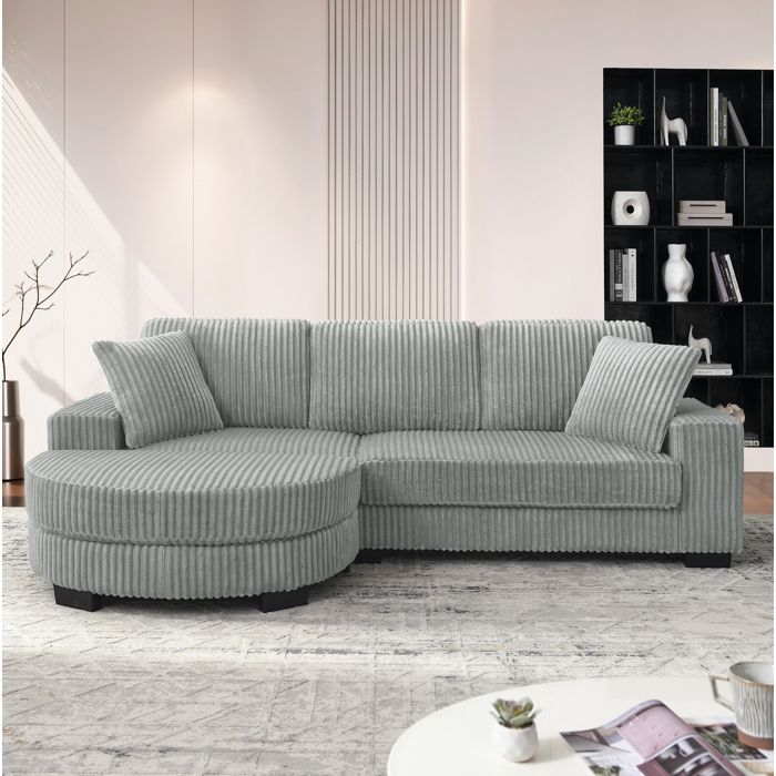 Canapé dAngle 4 Places Modulable Réversible avec Pouf Ovale 2 Coussins en Velours Côtelé Gris 2565 × 1335 × 89 cm