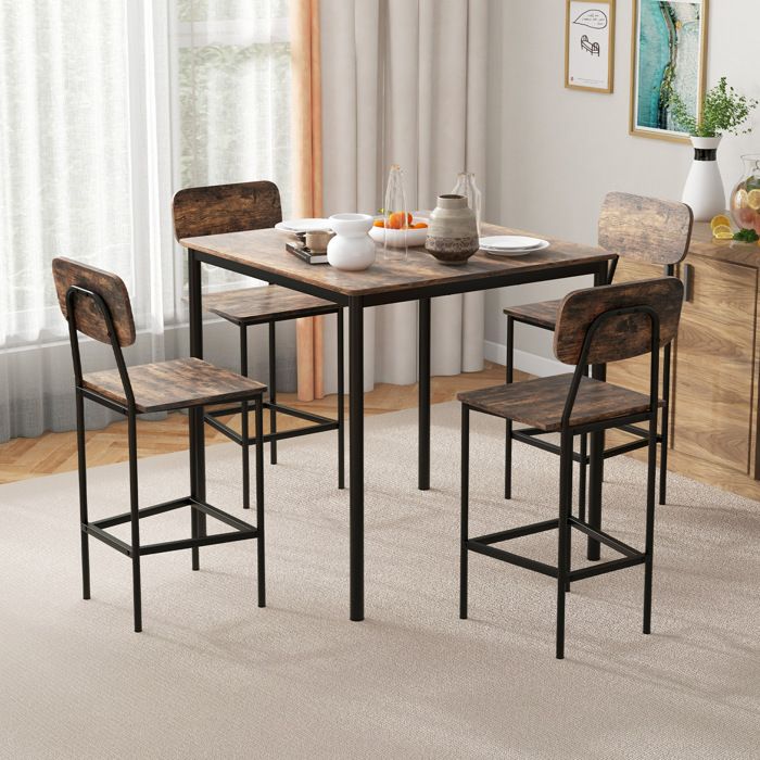 Set de table 5 pièces style industriel 4 chaises hautes gain de place pieds ajustables couleur café