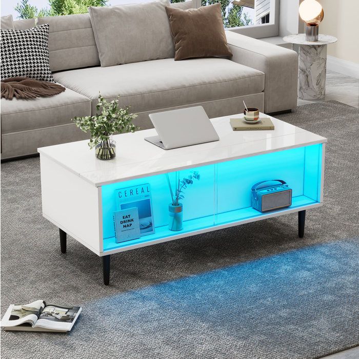 WUVRIE Table basse relevable 105 x 50 x 43 cm avec rangement LED verre trempé blanc
