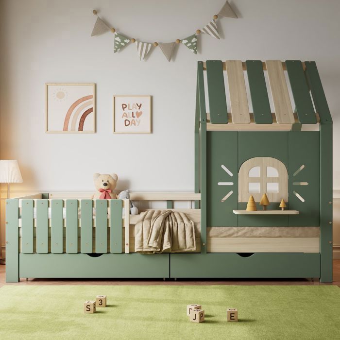 Lit cabane enfant - WESTYLE - 90x200 cm - Pin massif - 2 tiroirs de rangement - Toit fenêtre et barrière