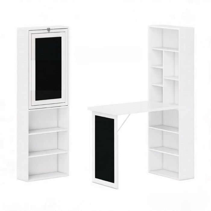 Bureau mural pliable 98x51x153 cm avec 9 compartiments étagère réglable tableau noir et rangement MDF et pin blanc Bureau mural pliable 98x51x153 cm avec 9 compartiments étagère réglable tableau noir et rangement MDF et pin blanc