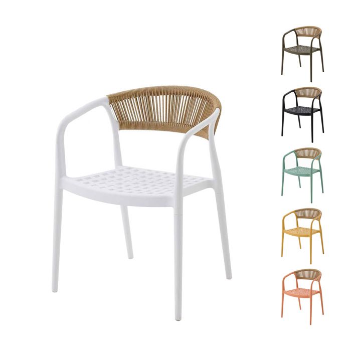 6 X Chaises de jardin Solaro PP résistant aux UV & dossier en corde tressée main Blanc Set de 6