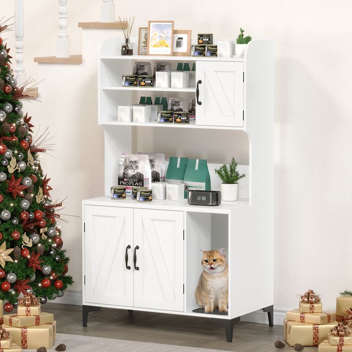 Meuble cache-litière chat avec 4 étagères de rangement - MDF et fer - Gris ou blanc - 80 x 45 x 130 cm - 29 kg - Blanc