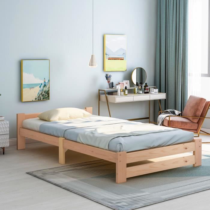 lit en bois massif, lit simple, avec tête de lit et sommier à lattes (200x90 cm), sans matelas