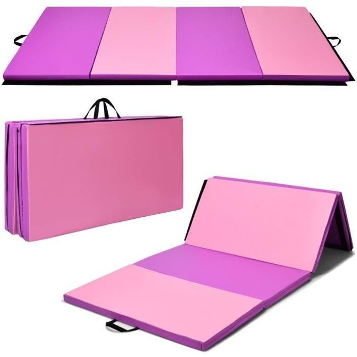 costway tapis de gymnastique pliable 240x120x5cm tapis de yoga portable avec 2 poignees de transport et velcro rose violet cdiscount sport