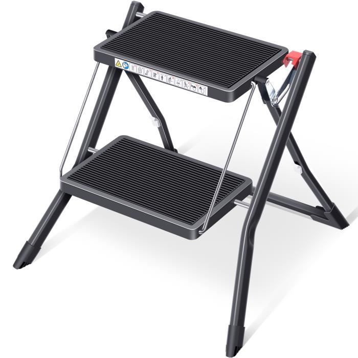 Kingrack Escabeau, échelle portable à 2 marches avec poignée, escabeau domestique mince multifonction - noir