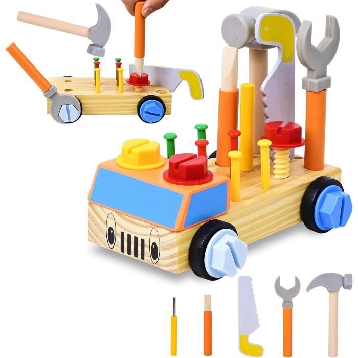 Boîte à Outils En Bois Enfant 32 Pièces - Jouet Construction Montessori 2-4 Ans - Avec Marteau, Tournevis, Vis, écrous - Cadeau