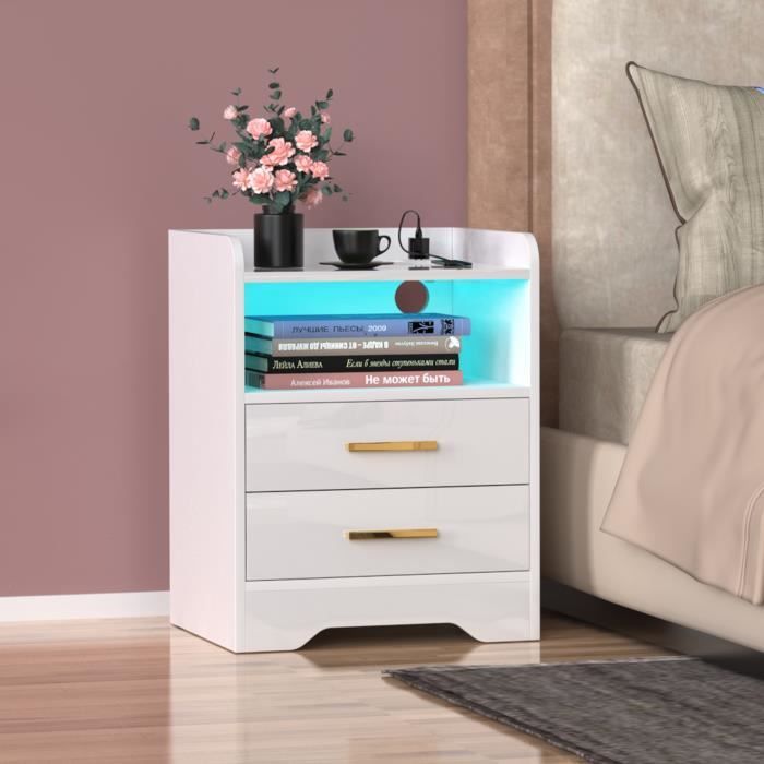 Comodino Seventable Con Luci LED E Ricarica USB | Set Di 2 Con 3 Cassetti In Tessuto | Tavolini Da Notte Moderni (Nero)