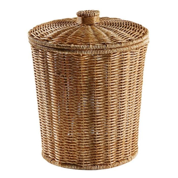 Panier à Déchets En Rotin Avec Couvercle - Poubelle Ronde Osier Portable Pour Salon Ou Chambre