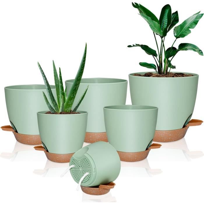 Lot De 5 Pots De Fleurs Auto-arrosants ZMTECH - 15 Cm, Vert, Avec Soucoupe Et Trous De Drainage