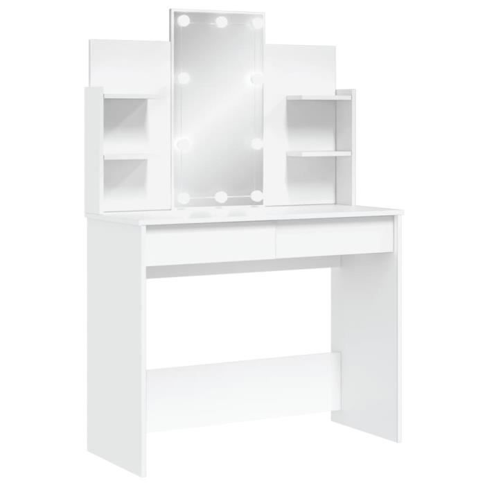 Coiffeuse avec miroir et lumières LED - Blanc - 96x40x142 cm - 2 tiroirs - Bois dingénierie