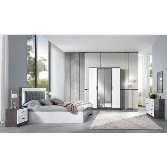 Chambre complète 160x200 Blanc/Marbre - RISI - Lit classique - Adulte - Bois - Armoire 4 portes