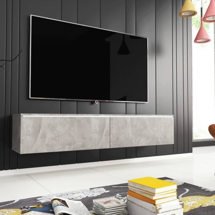 meuble tv - mara - gris béton - led - 2 portes