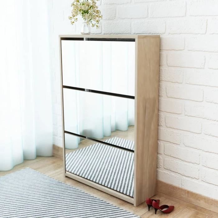 Meuble à chaussures - Chêne - 3 étagères - Miroir - 3 tiroirs - 12 paires de chaussures