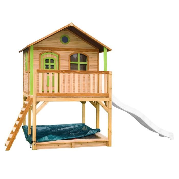 Maisonnette AXI pour enfants avec bac à sable et toboggan blanc, aire de jeux pour l'extérieur en marron et vert