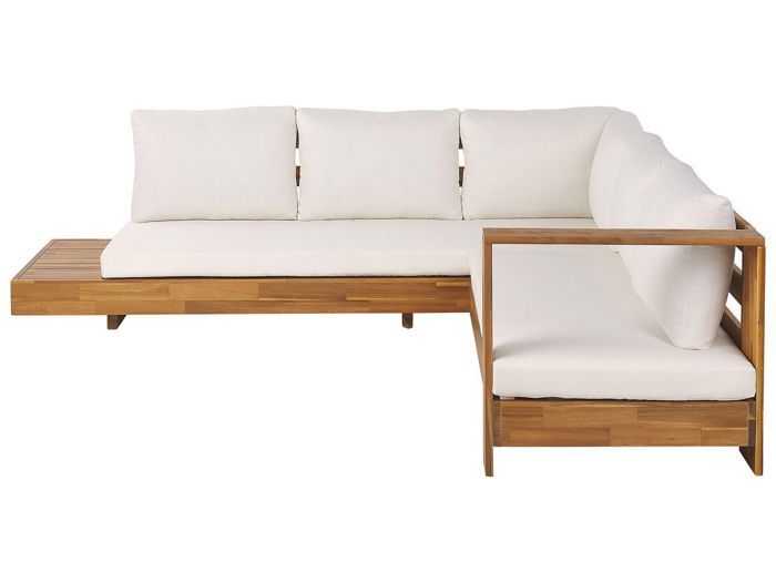 beliani - canapé de jardin 5 places en bois avec coussins blanc cassé marettimo