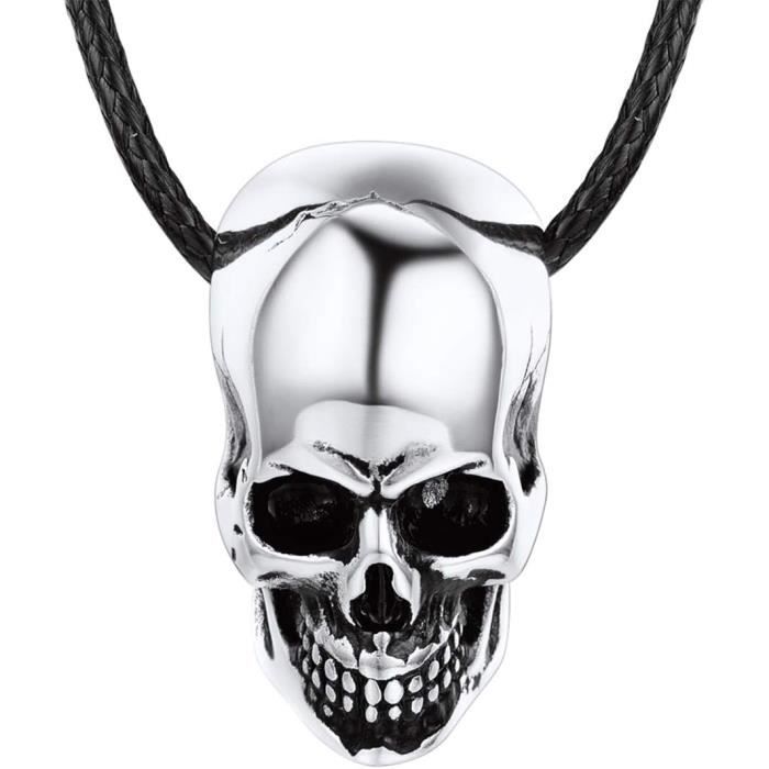 collier-bracelet homme acier-plaqué or-argent 925 pendentif tête de mort crâne gotique avec chaîne en métal-corde bijoux pun[u5813]