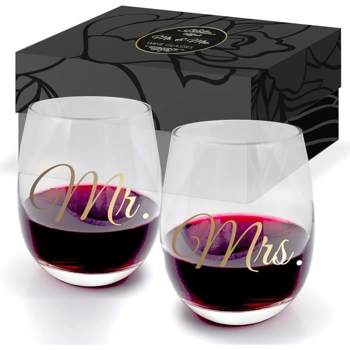 Verres à Vin Mr & Mrs - Set De 2 Avec Décor Bise/Moustache - Cadeau Mariage