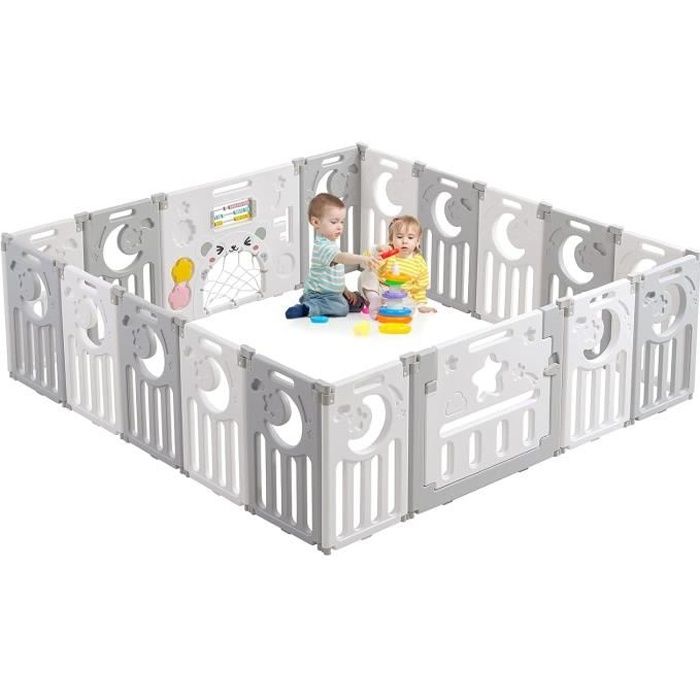 DRIPEX Parc Bébé Plastique Pliable 16+2 Panneaux pour enfants,Aire de jeux sécurisée,Barrière de Protection,0 à 6 ans,Gris et Blanc