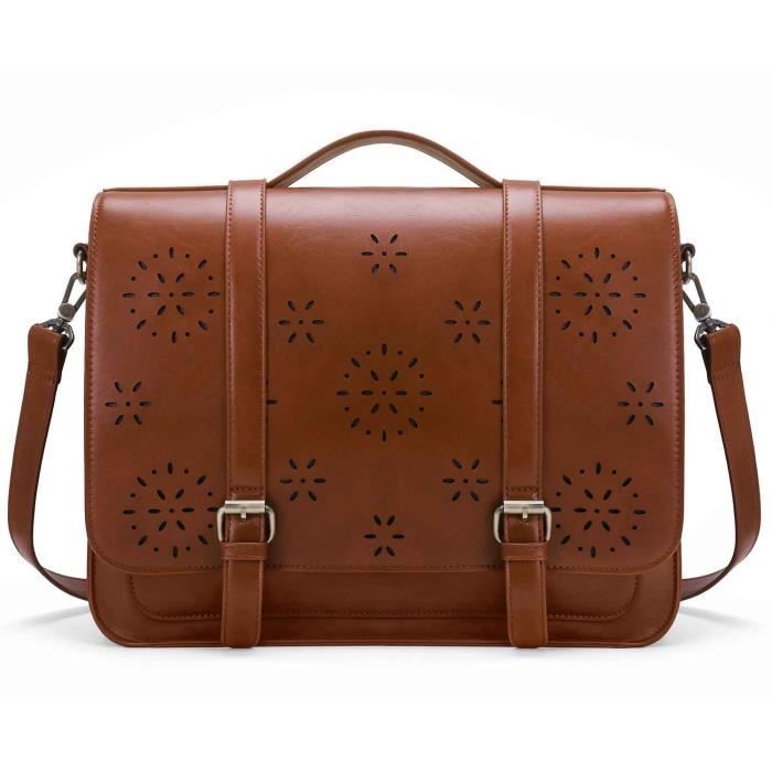 ECOSUSI Sac à Dos Cartable Vintage Sac Porté Epaule Rétro Serviette Femme Sac à Main Vintage Sac Messenger Sac pour Ordinateur jusqu’à 14.7” 39x12x29cm Marron