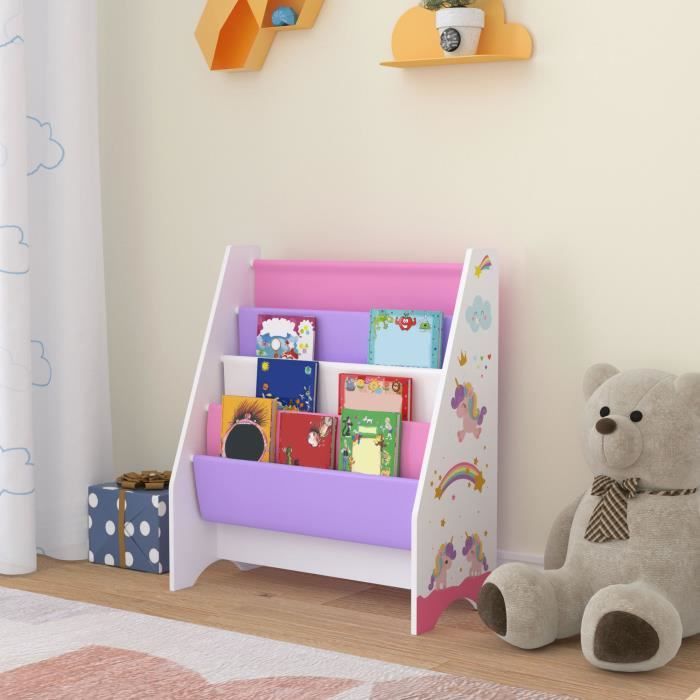Bibliothèque Fisterra pour enfant avec 4 compartiments ouverts blanc violet rose
