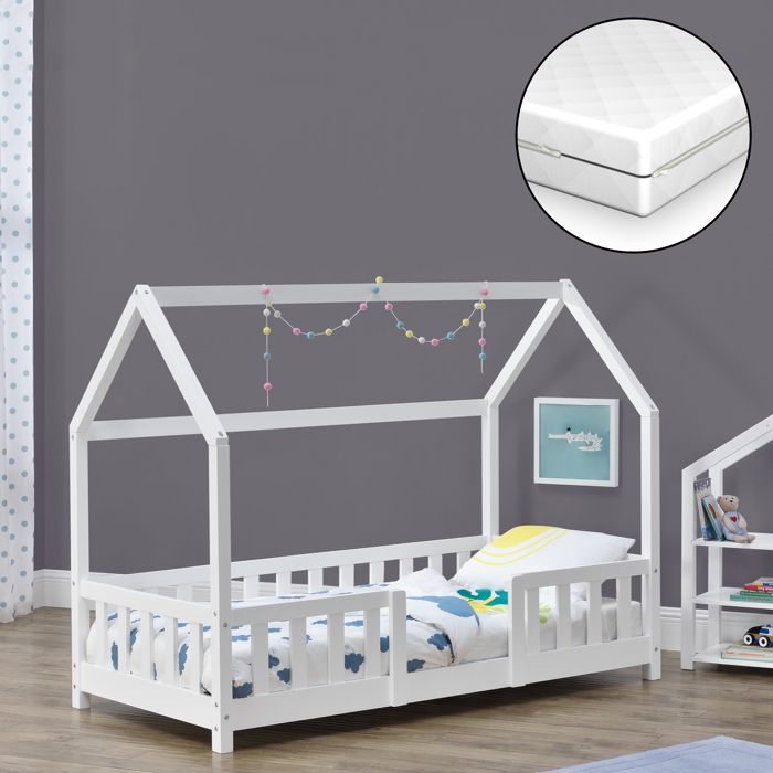Lit denfant Forme Maison Sisimiut avec Matelas Orthopédique 140 x 70 cm Blanc