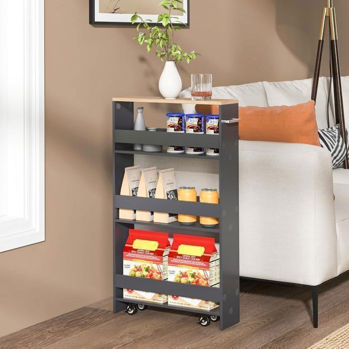 GIANTEX Desserte de Cuisine avec Roulettes à 4 Niveaux - Chariot de Service Étroit avec Poignée - 475x 13x 805 cm - Gris