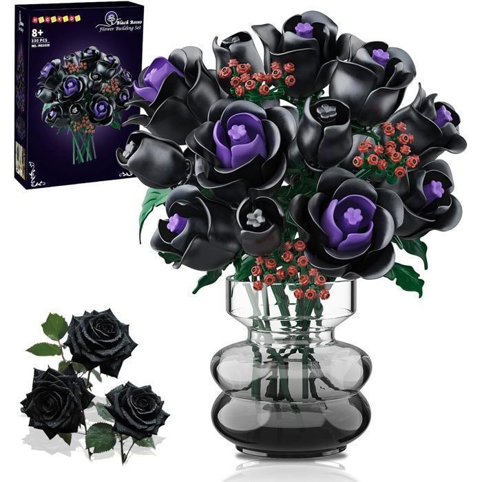 HOGOKIDS Bouquet 15 Roses Noires - Jeu de Construction Botanique Fleurs Artificielles Gothiques Décoration Intérieure Cadeau
