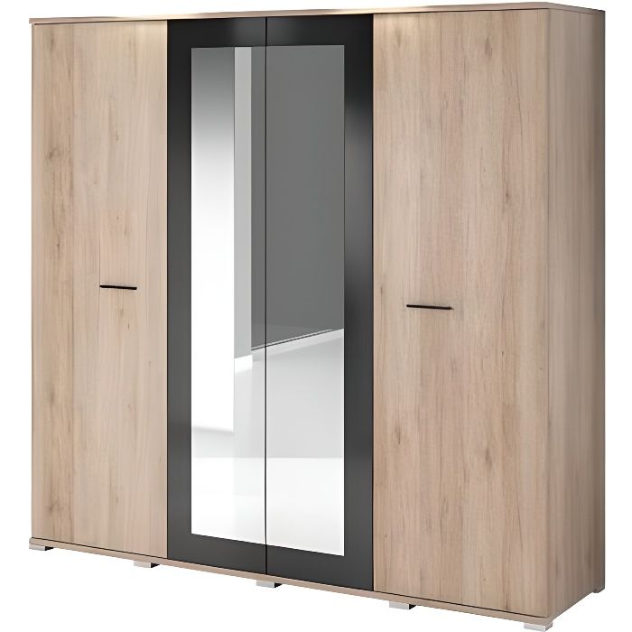 Armoire chambre 4 portes VISBY HUCOCO 2 miroirs Tringle à vêtements 9 étagères Beige