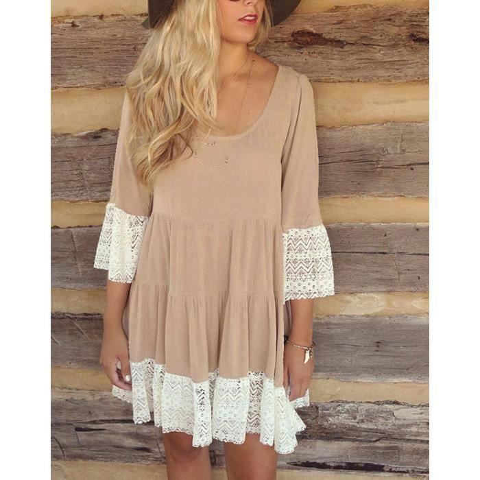 Mini Robe Femme Dété De Plage Courte Kaki Oversize Manche Longue Col Rond Plongeant Sexy Taille Haute Bohême Ethniques Avec