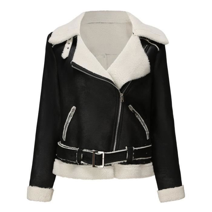 Blouson Femme FONDUPIN Imitation Cuir Doublure Polaire Fermeture eclair et Ceinture Noir