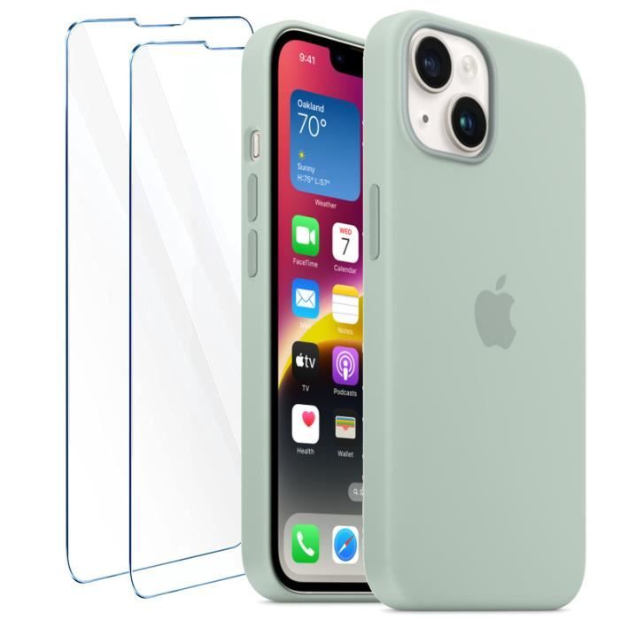 Coque Apple iPhone 15 Housse Liquide Silicone Case Vert avec 2 Pcs Verres Trempés Doublure en Microfibre Protection Antichoc Étui
