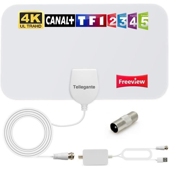 Antenne TV Intérieure Puissante - Amplificateur, Réception Longue Portée à 360°, 10m Câble Coaxial et Base Magnétique pour 4K 1080P HDTV Numérique
