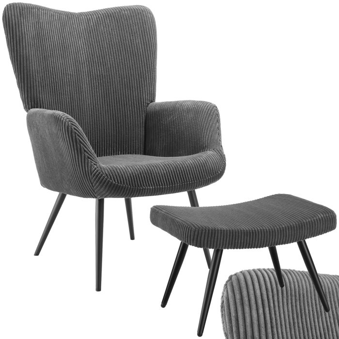 Chaise - TECTAKE - Fauteuil HYGGE en acier et polyester aspect velours côtelé avec tabouret 72 x 76 x 1005 cm - Anthracite/Noir