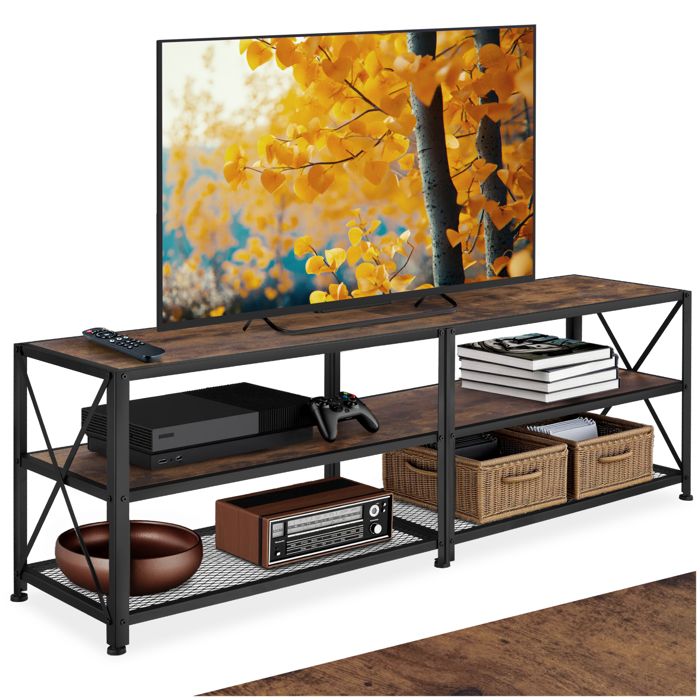 Meuble TV - TECTAKE - Meuble de salon INDIANAPOLIS bois et acier style industriel 3 rangements 161 x 415 x 505 cm - Bois foncé