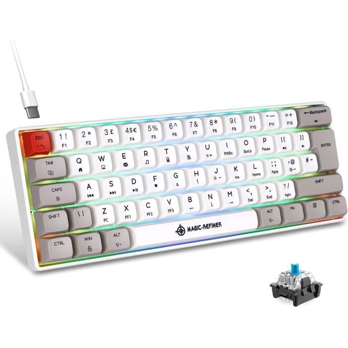 Mini clavier mécanique 60 %, clavier de jeu rétroéclairé bleu, 61 touches,  petit clavier filaire ultra compact avec commutateurs bleu/rouge, clavier