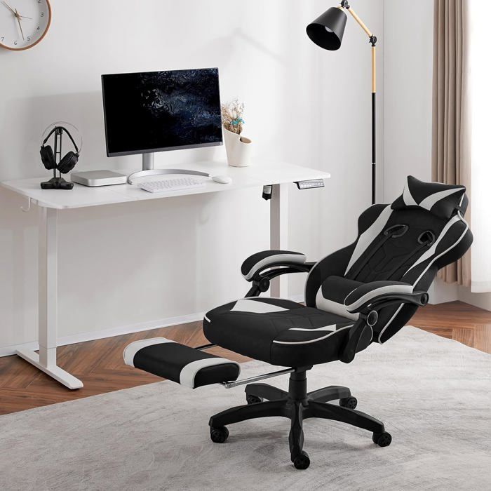 Chaise gaming massante,fauteuil gamer,avec soutien lombaire massant,tissu maille,gris+jaune - Siège et fauteuil de joueur