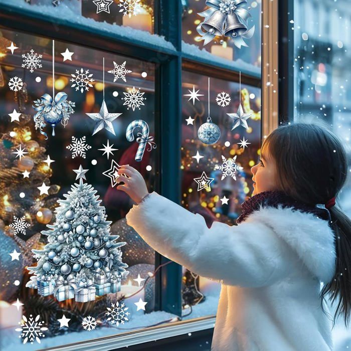 Stickers Fenêtre Noël Réutilisables – 202 Pièces, Flocons, Sapins, Père Noël, En PVC Electrostatique